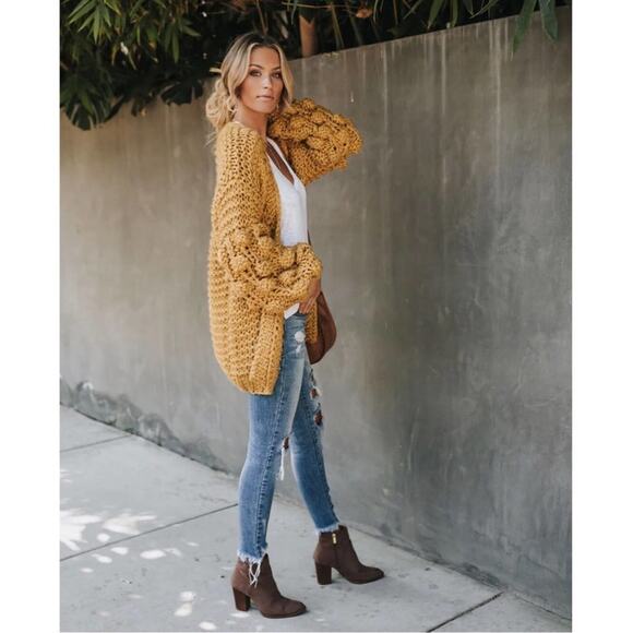 Golden Hour Glow slouchy billowy oversized honeycomb pom slv cardigan sweater - Picture 6 of 9